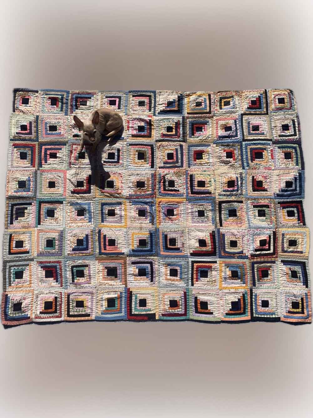 Antique 1940s or older multicolor multi-material log cabin quilt